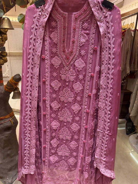 Lucknawi pearls chikankari pure Georgette suit set