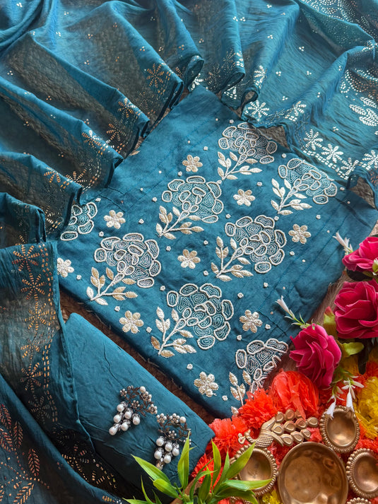Pearl pita festive shade panel work mul chanderi suit set
