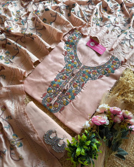 Modal embroidered jaal dupatta suit set