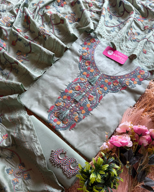 Modal embroidered jaal dupatta suit set