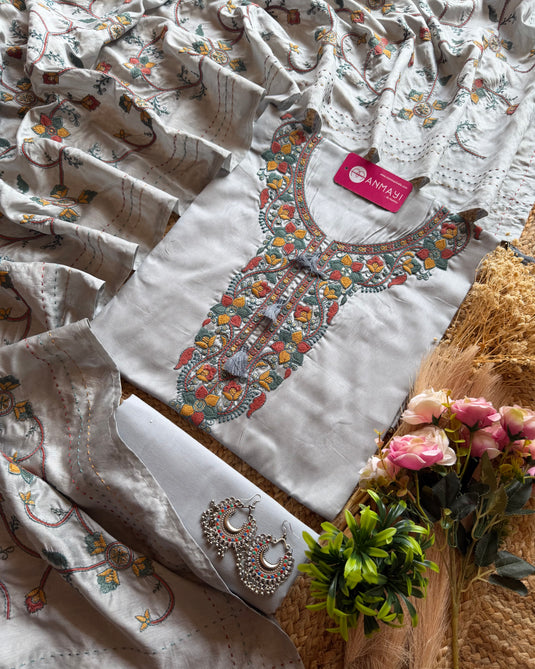 Modal embroidered jaal dupatta suit set