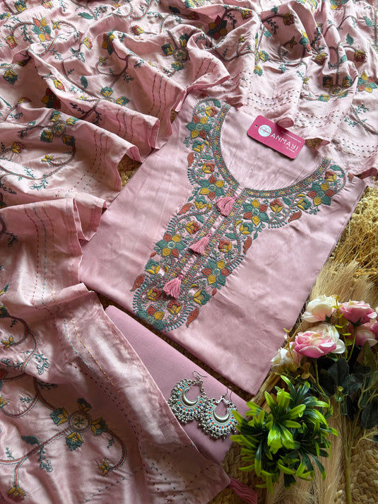 Modal embroidered jaal dupatta suit set