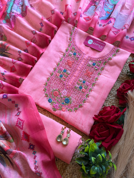 French knots work pure linen digital print suit set