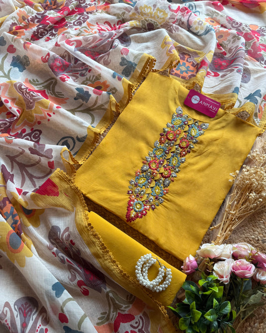 Hand Embroidered tie neck modal suit with Georgette print dupatta