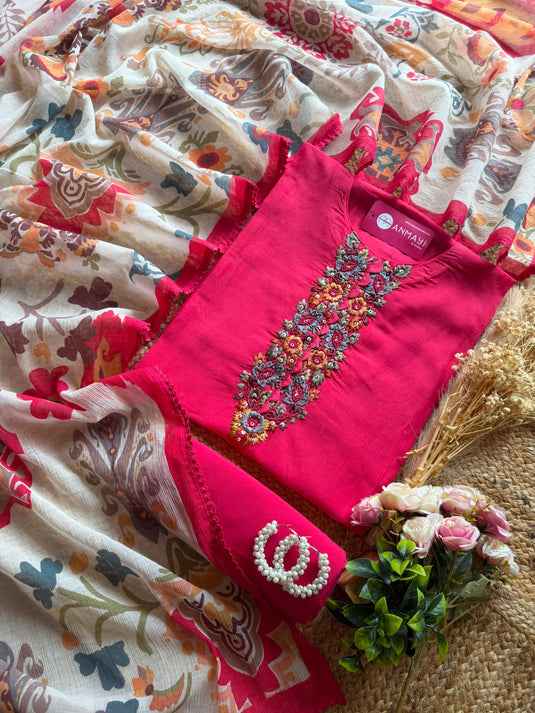 Hand Embroidered tie neck modal suit with Georgette print dupatta
