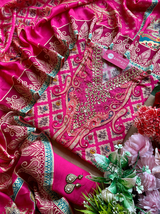 Sabyasachi print raw silk rank pink suit set