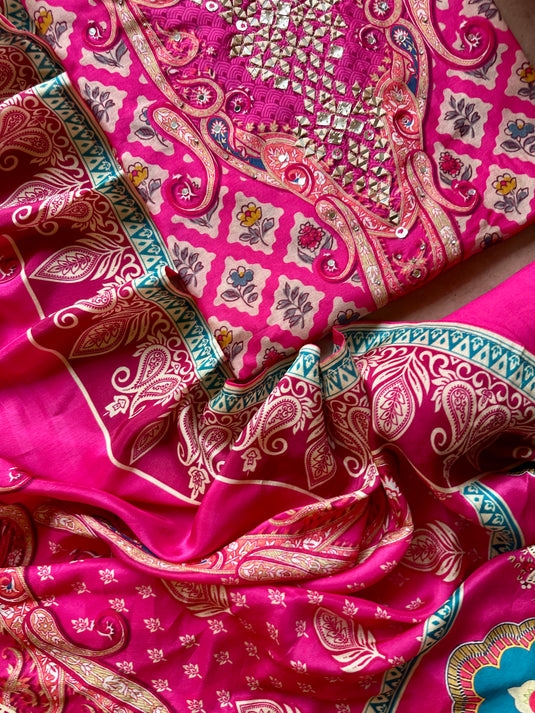 Sabyasachi print raw silk rank pink suit set
