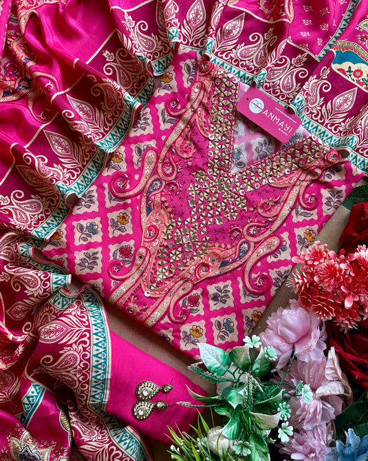 Sabyasachi print raw silk rank pink suit set