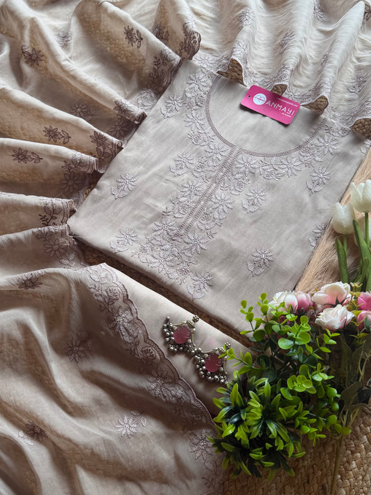 Lucknawi self Mul cotton earthy tone suit set