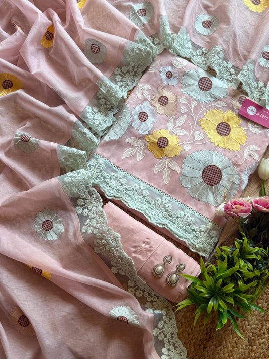 Floral 3D look Pakistani Mul Chanderi Suit Set