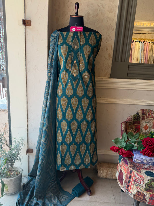 Leaf print Cambric cotton suit set with Kantha dupatta