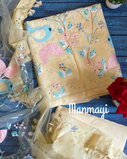Masakali embroidered cotton suit with handpaint patched super net dupatta