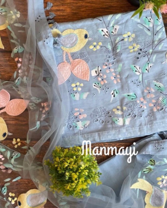 Masakali embroidered cotton suit with handpaint patched super net dupatta