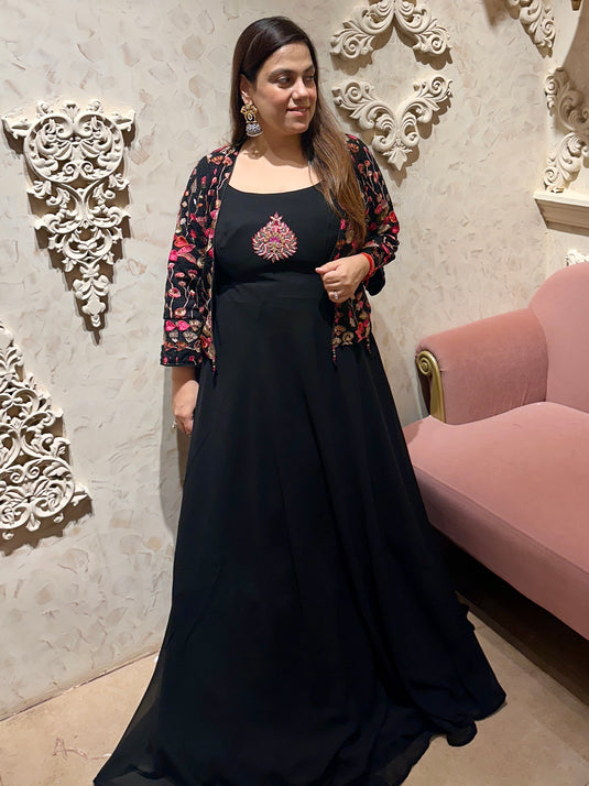One piece black flower motif dress with jacket