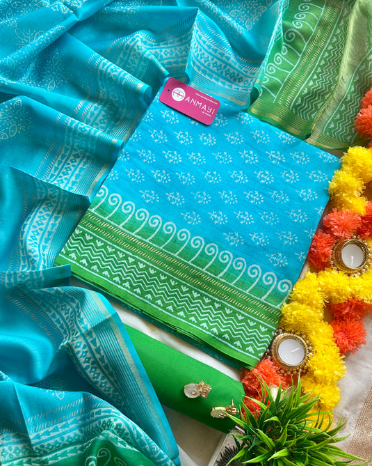 Small blocks 70 gms Chanderi combination suit set