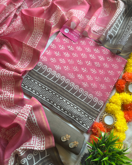 Small blocks 70 gms Chanderi combination suit set