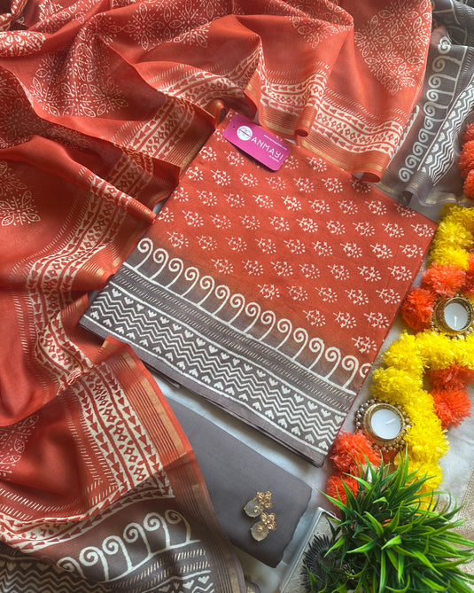 Small blocks 70 gms Chanderi combination suit set