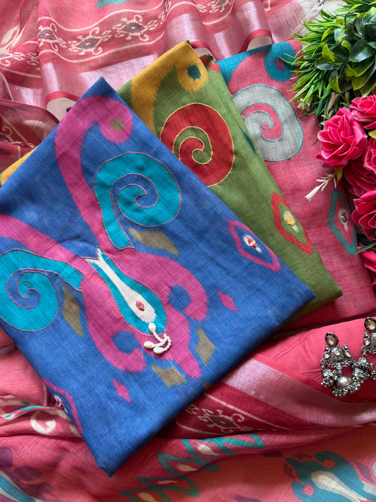 Coloured ikkat print linen suit set