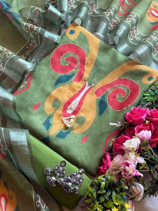 Coloured ikkat print linen suit set