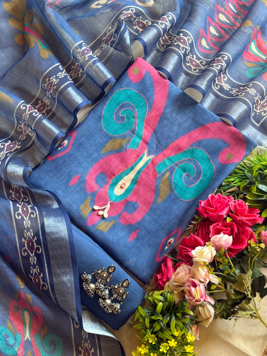 Coloured ikkat print linen suit set