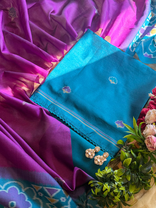 Jamdani flowers dual coloured silk suit set