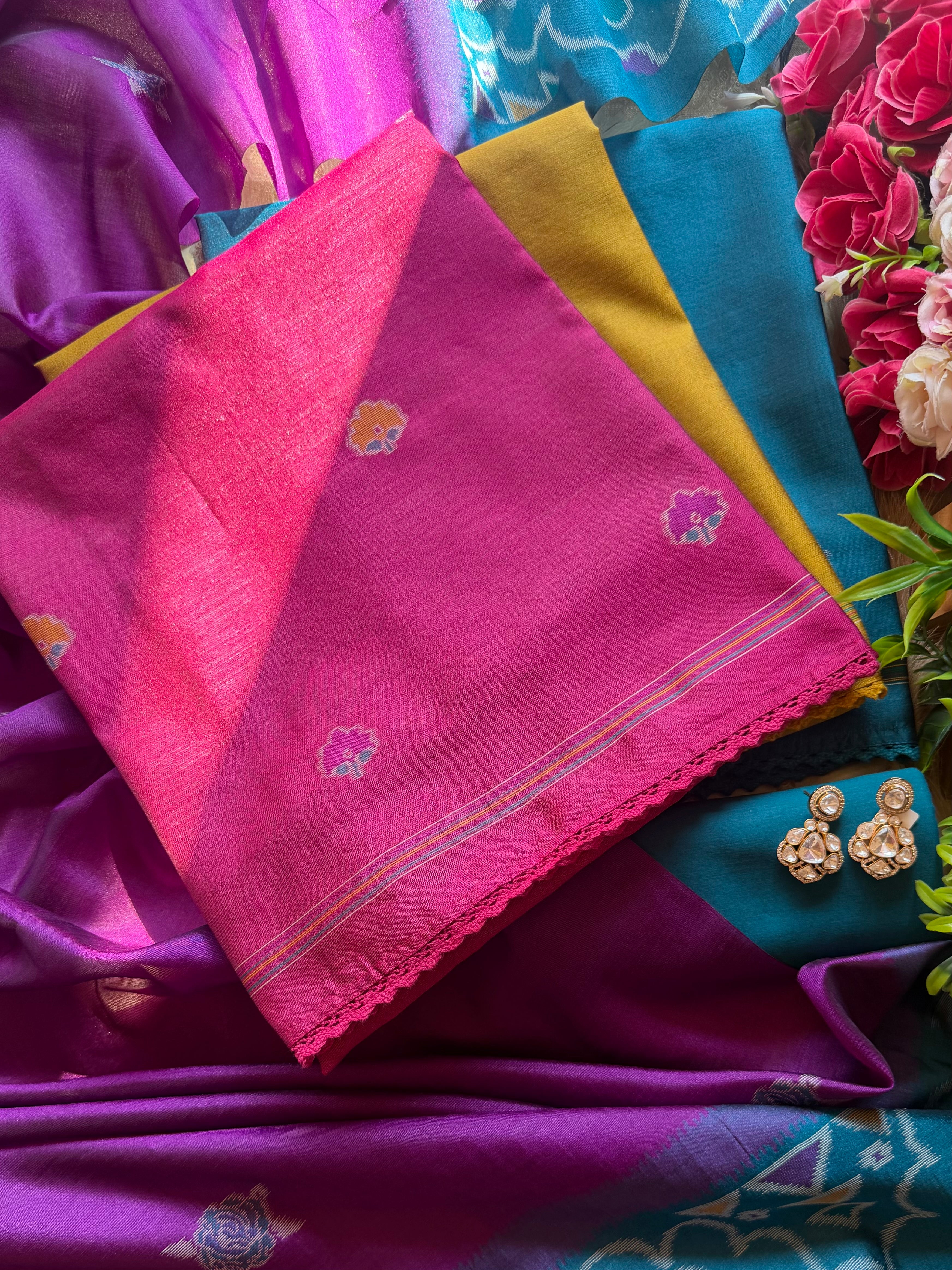 Jamdani flowers dual coloured silk suit set