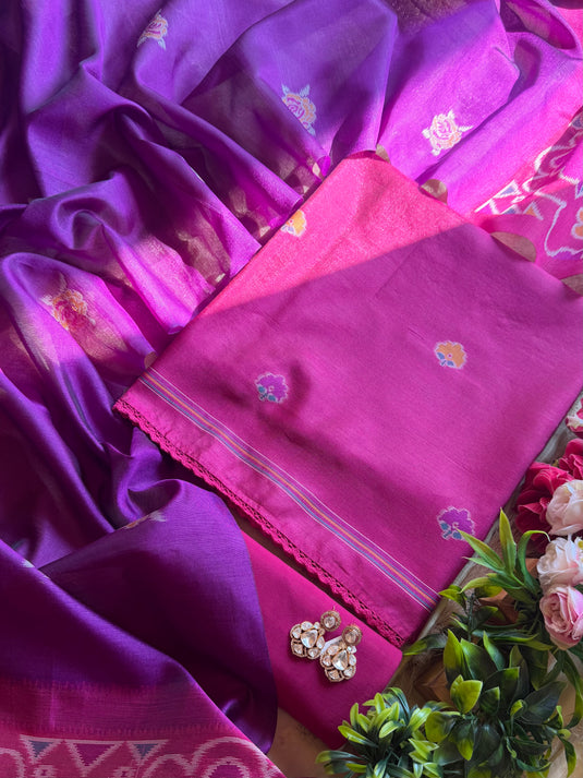 Jamdani flowers dual coloured silk suit set
