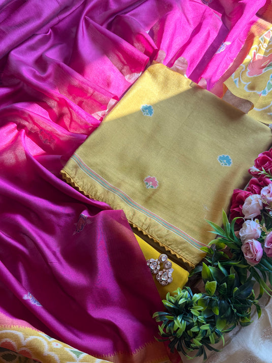Jamdani flowers dual coloured silk suit set