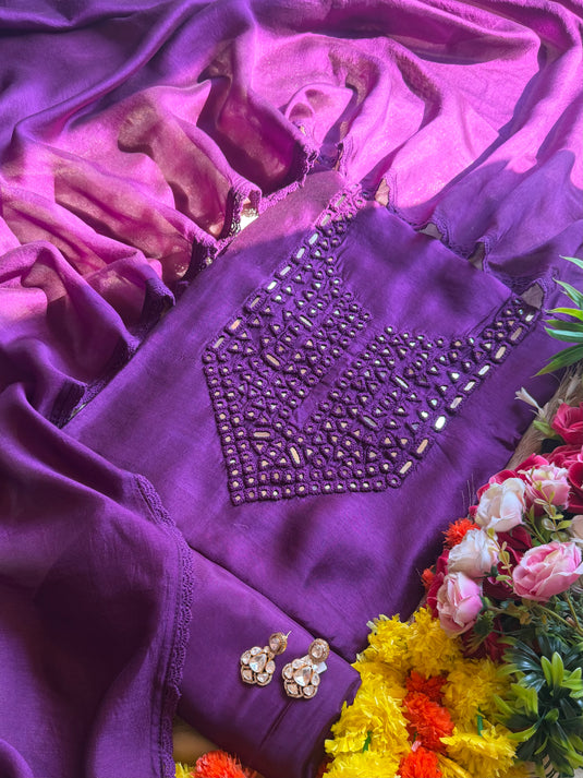 Raw silk mirror Kantha work suit set