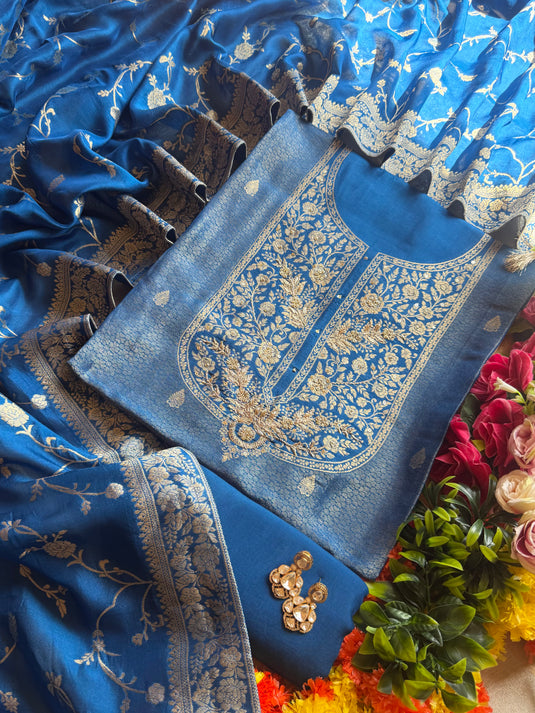 Brocade silk zardozi Anarkali neck suit set