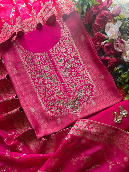 Brocade silk zardozi Anarkali neck suit set