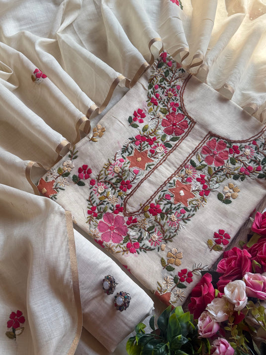 Handpaint Kantha work Chanderi silk suit set