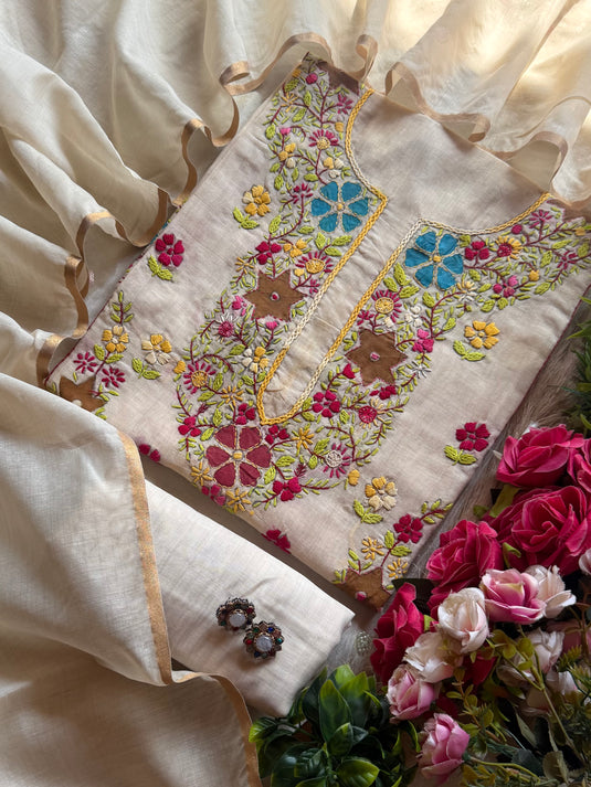 Handpaint Kantha work Chanderi silk suit set