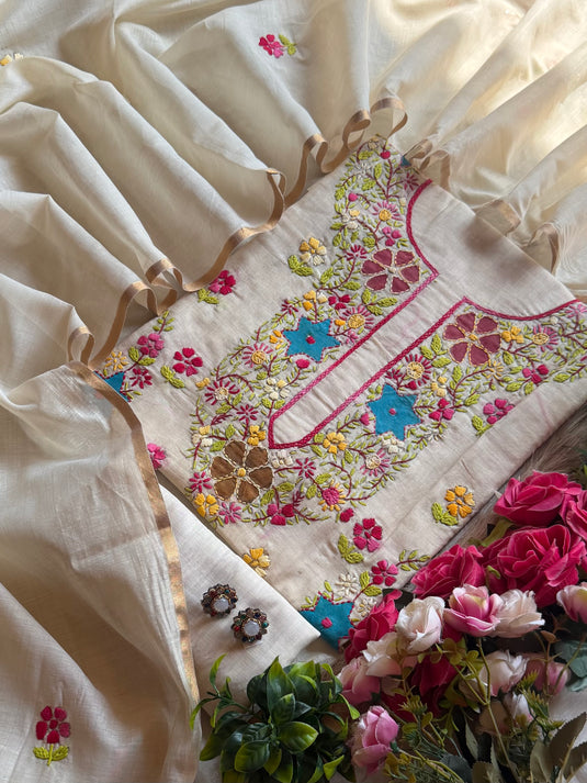 Handpaint Kantha work Chanderi silk suit set