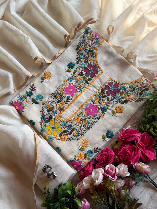Handpaint Kantha work Chanderi silk suit set