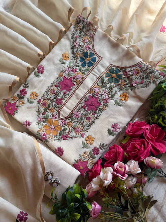 Handpaint Kantha work Chanderi silk suit set