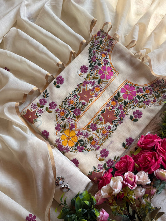 Handpaint Kantha work Chanderi silk suit set