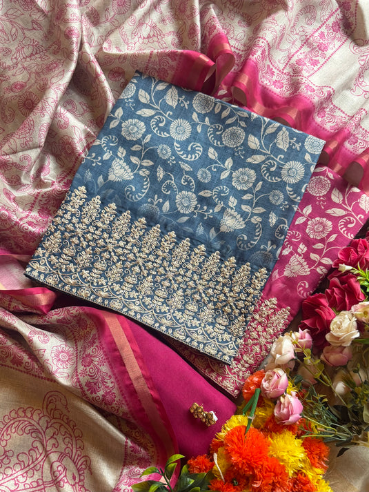 Tussar silk Arabic print Dori work suit set