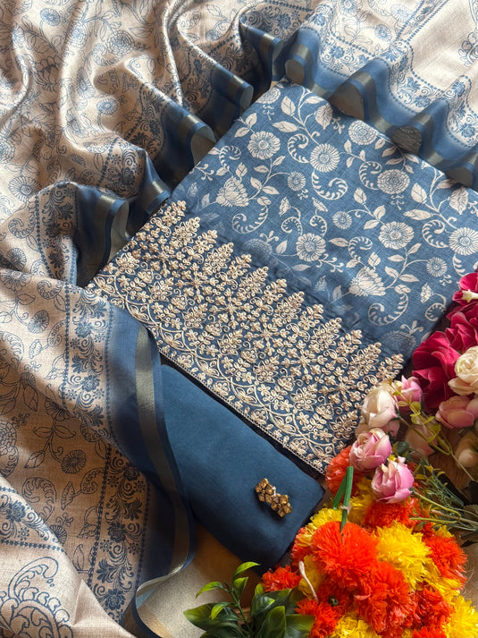 Tussar silk Arabic print Dori work suit set