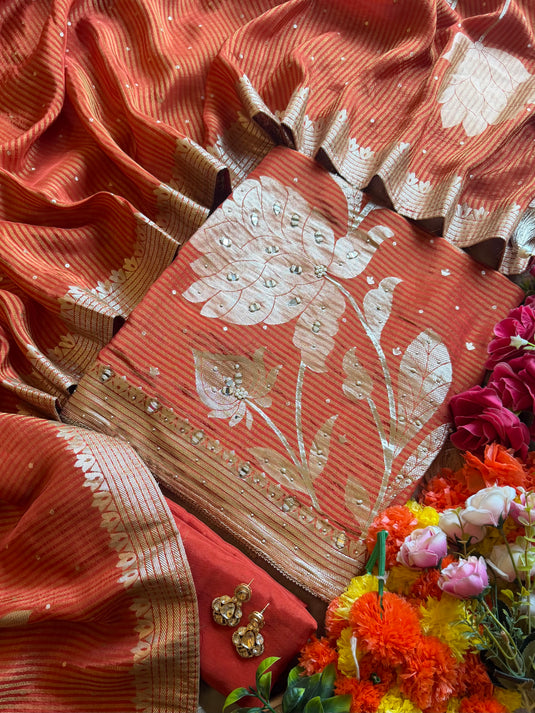 Gold leaf mirror work soft organza suit set