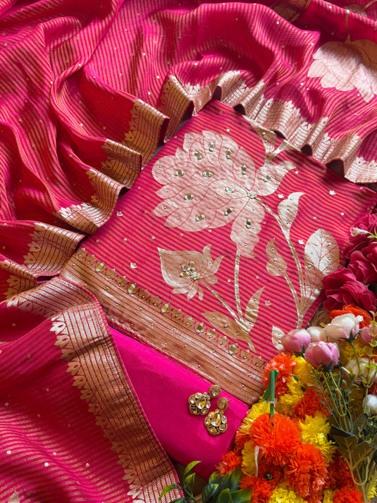 Gold leaf mirror work soft organza suit set