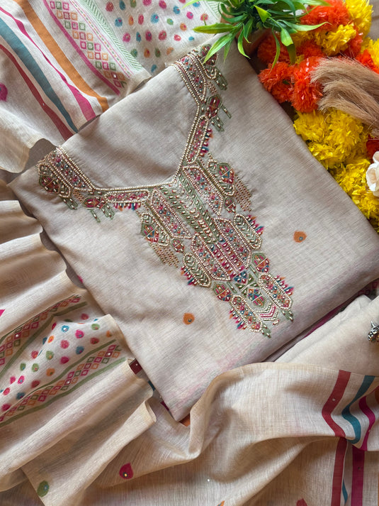 Beads work coloured weave jamdani suit set
