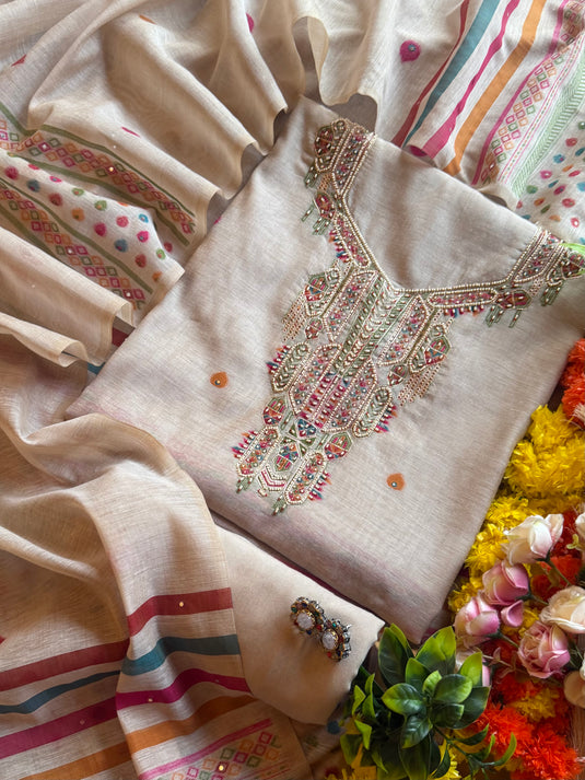 Beads work coloured weave jamdani suit set