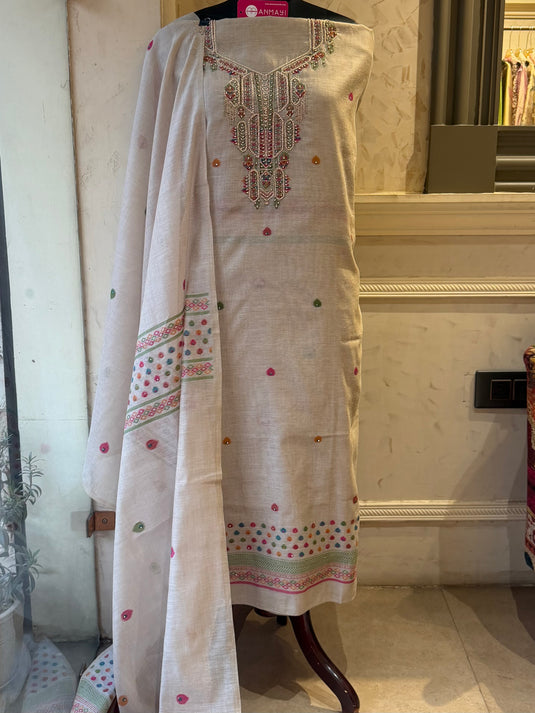 Beads work coloured weave jamdani suit set