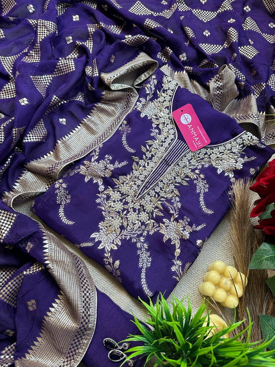 Grape pearl festive Banarasi pure organza suit